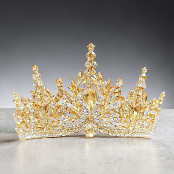 Gold tiara crown, Victorian tiara, gold crystal crown, Royal princess crown main image 6